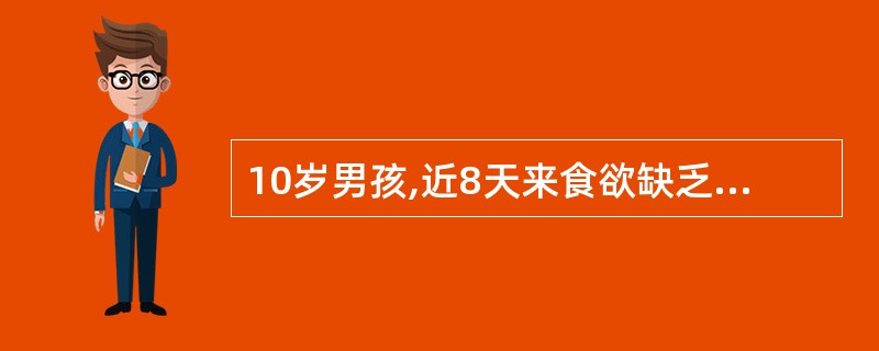 10岁男孩,近8天来食欲缺乏、乏力、恶心、呕吐、尿色黄来院就诊,病前两周曾接受过