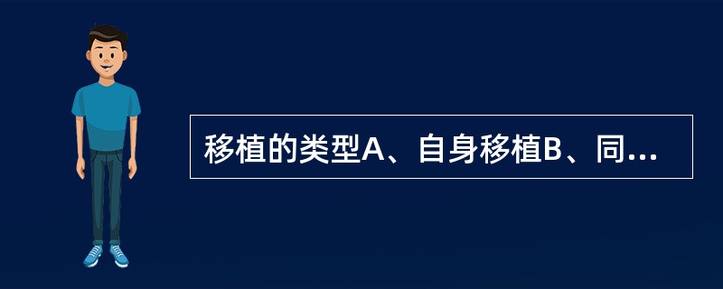 移植的类型A、自身移植B、同系移植C、同种移植D、异种移植E、胚胎组织移植 -