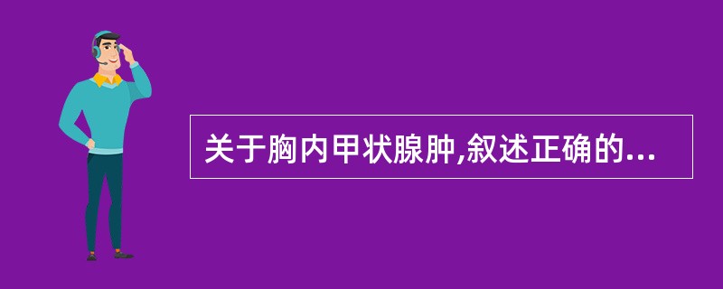 关于胸内甲状腺肿,叙述正确的有A、多见于女性B、所有患者均有甲状腺手术史C、一旦