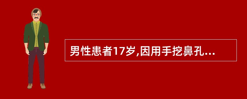 男性患者17岁,因用手挖鼻孔引起鼻出血不止,检查见鼻中隔前下部有一较大创面,出血