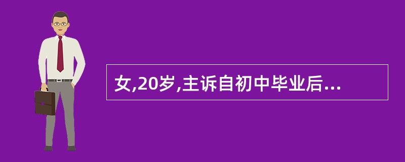 女,20岁,主诉自初中毕业后,越来越不能与陌生人接触,近1年来发展为见到熟人也害