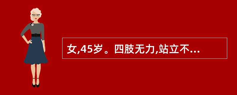 女,45岁。四肢无力,站立不稳,进行性加重半年,无外伤史。查体:双下肢肌张力高,