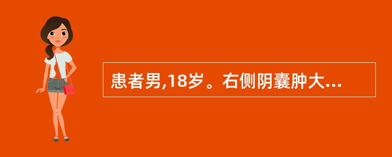 患者男,18岁。右侧阴囊肿大1年,肿块大小无变化,无明显疼痛。查体:右侧阴囊肿大