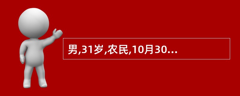 男,31岁,农民,10月30日高热、头痛、腰痛、呕吐、腹泻,连续发热4d,鼻出血