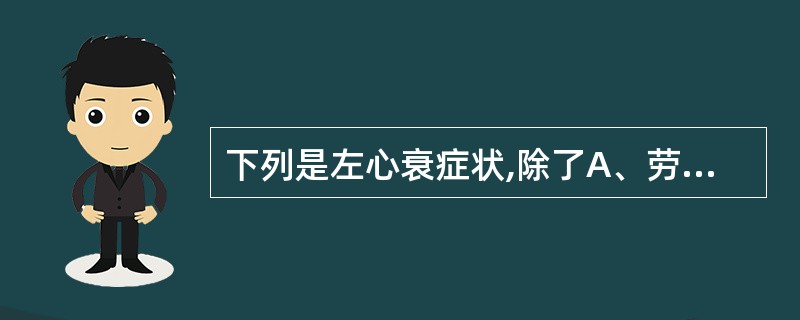 下列是左心衰症状,除了A、劳力性呼吸困难B、夜间阵发性呼吸困难C、咳嗽、咳泡沫样