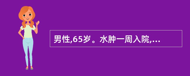 男性,65岁。水肿一周入院,血压150£¯90mmHg。查血白蛋白25g£¯L,