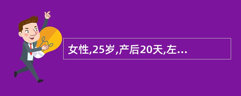 女性,25岁,产后20天,左乳腹痛伴发热。体查:体温39.0℃,左乳外皮象限皮温