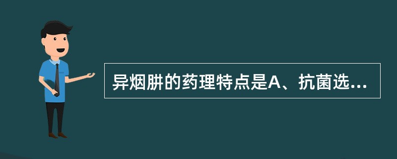 异烟肼的药理特点是A、抗菌选择性低B、抗菌活性强C、病菌不易产生耐药性D、有抗惊