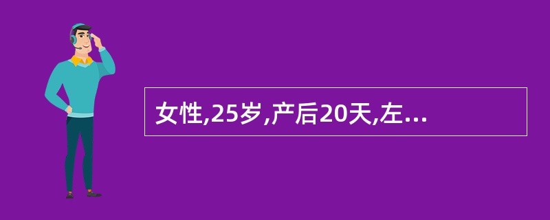 女性,25岁,产后20天,左乳腹痛伴发热。体查:体温39.0OC,左乳外皮象限皮