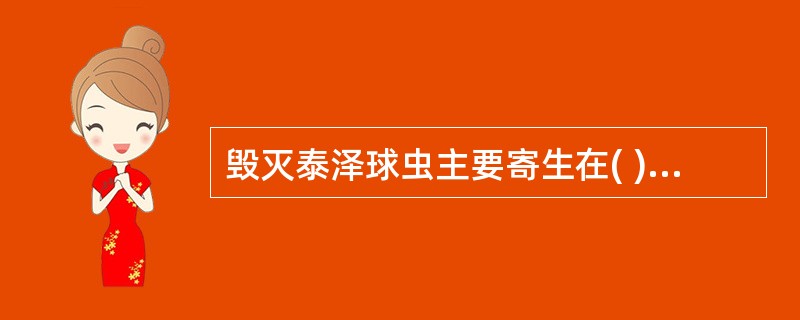 毁灭泰泽球虫主要寄生在( )A、小肠B、直肠C、盲肠D、肝脏E、肺脏