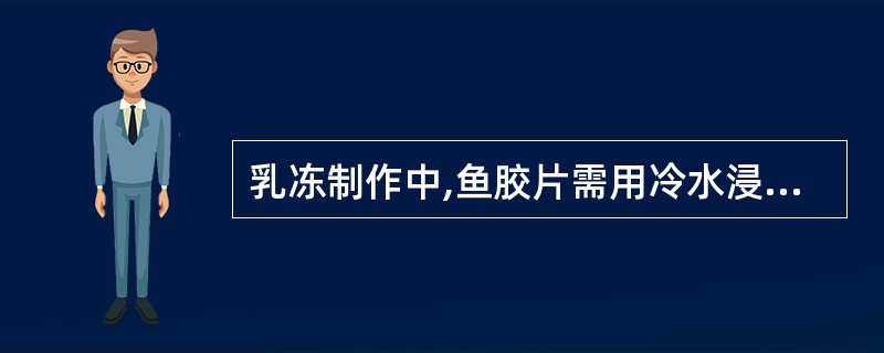 乳冻制作中,鱼胶片需用冷水浸软,气温高时要用冰水浸泡。