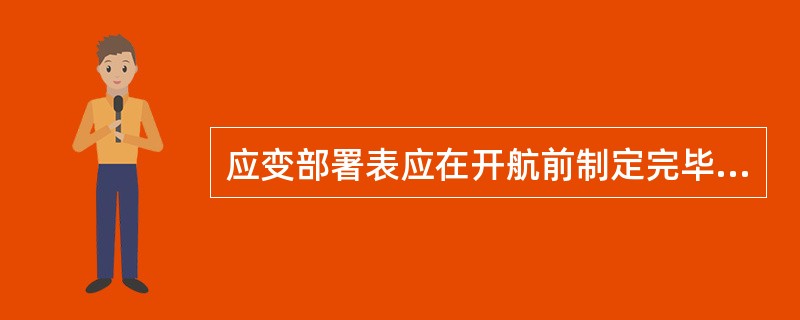 应变部署表应在开航前制定完毕,由大副(船长)签字后江其副本粘贴在驾驶室、机舱、居