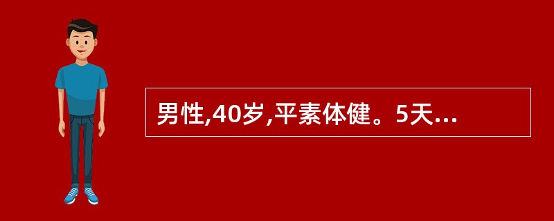 男性,40岁,平素体健。5天前淋雨,3天前突然高热40度,伴寒热,咳铁锈色痰伴呼