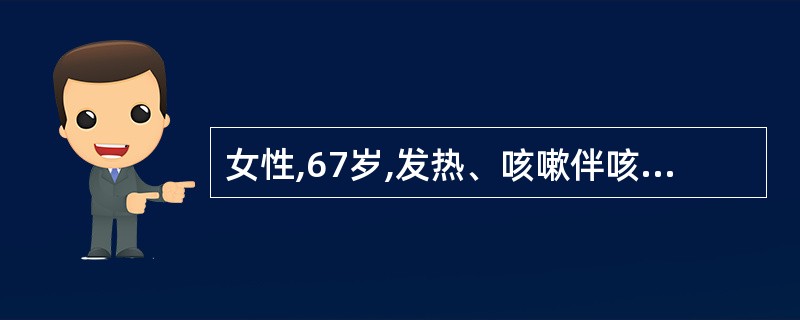 女性,67岁,发热、咳嗽伴咳砖红色胶冻样痰2周。体检:T37.8℃,双肺未闻及干