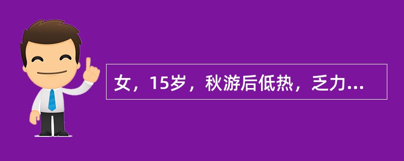 女，15岁，秋游后低热，乏力、咳嗽2周，偶有粘痰。胸片示两下肺斑点状浸润阴影。血