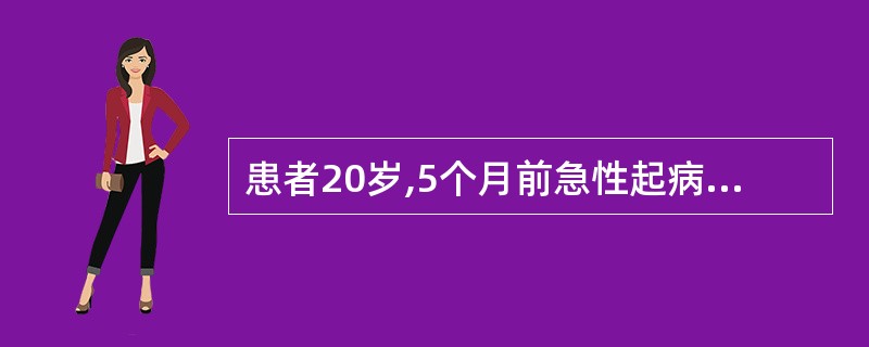 患者20岁,5个月前急性起病,意识清晰,表现说话难以理解,行为幼稚怪异,本能意向