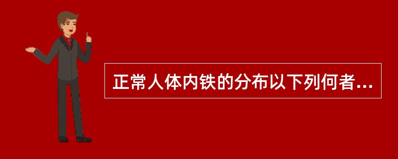 正常人体内铁的分布以下列何者所占比例最大A、贮存铁B、肌红蛋白铁C、转运铁D、肌