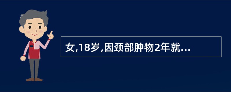 女,18岁,因颈部肿物2年就诊,无任何自觉症状。查体:脉搏88次£¯分,甲状腺双