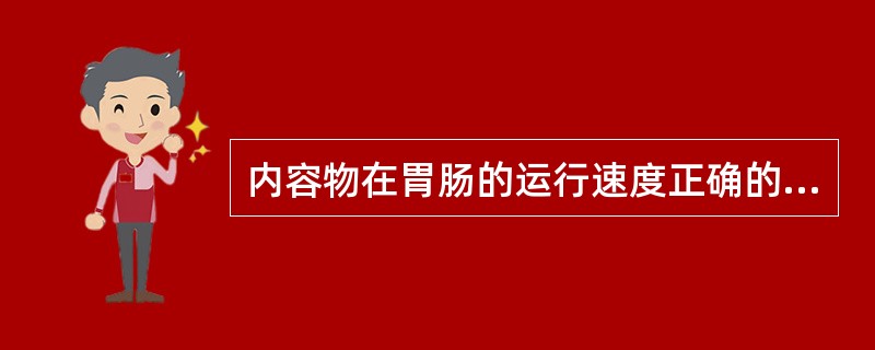 内容物在胃肠的运行速度正确的是A、空肠>回肠>十二指肠B、十二指肠>回肠>空肠C