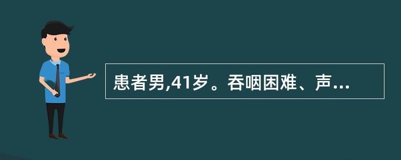 患者男,41岁。吞咽困难、声嘶1年。查体:神志清,软腭及悬雍垂偏左,左侧声带活动