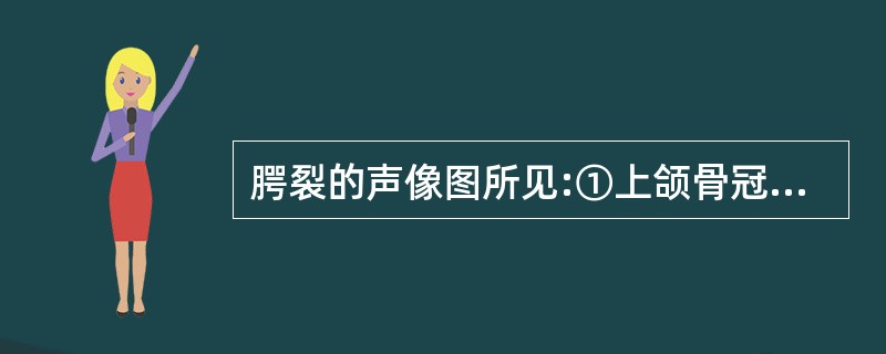 腭裂的声像图所见:①上颌骨冠状断面显示鼻骨以下骨缺失;②上颌骨冠状断面显示鼻骨以