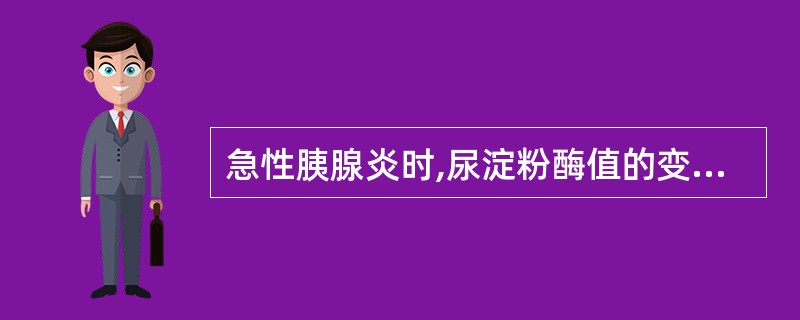 急性胰腺炎时,尿淀粉酶值的变化,哪项是正确的A、发病后3~12小时开始升高B、2