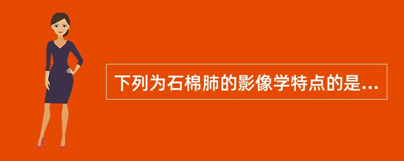 下列为石棉肺的影像学特点的是A、矽结节B、间隔线C、蝶翼征D、胸膜斑E、以上都不