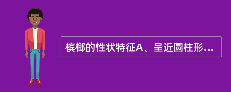 槟榔的性状特征A、呈近圆柱形或圆球形B、表面黄褐色,可见网纹,内果皮碎片C、质坚