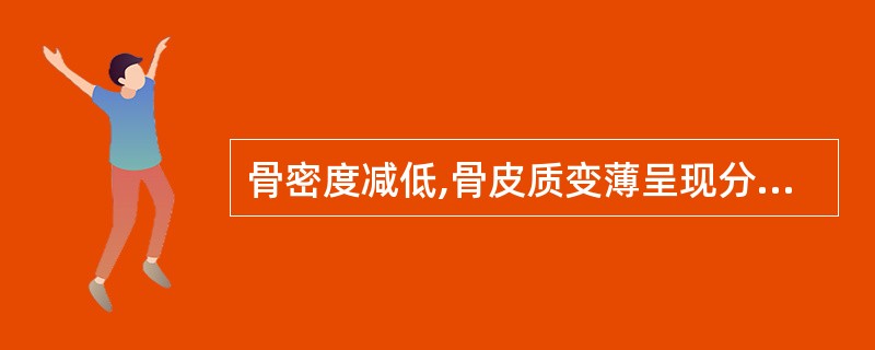 骨密度减低,骨皮质变薄呈现分层状,骨松质小梁变细、减少、间隙增宽,但结构清楚是