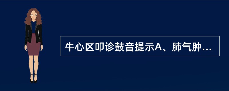 牛心区叩诊鼓音提示A、肺气肿B、创伤性心包炎C、心肥大D、心瓣膜炎症E、心包积液