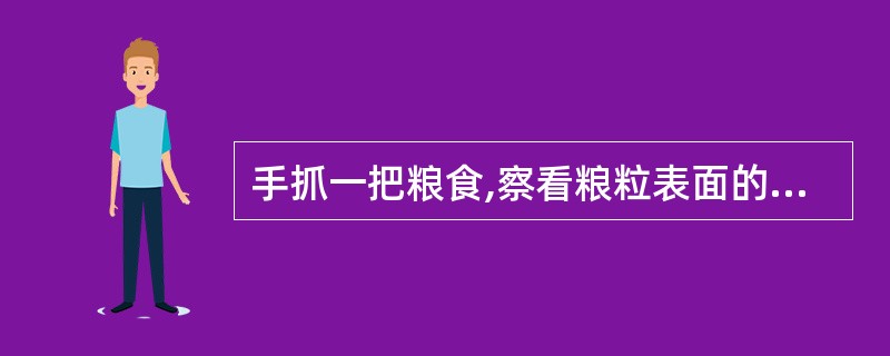 手抓一把粮食,察看粮粒表面的清爽程度以及各类杂质、无食用价值粮粒和异种粮粒的数量