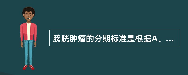 膀胱肿瘤的分期标准是根据A、肿瘤大小B、肿瘤侵犯膀胱壁的深度C、临床症状D、肿瘤