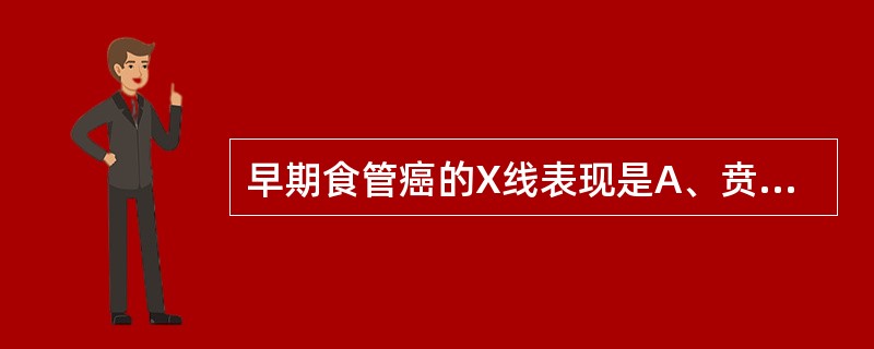 早期食管癌的X线表现是A、贲门部呈光滑鸟嘴状狭窄B、长的管状狭窄C、光滑的半月形