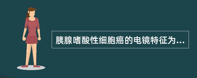 胰腺嗜酸性细胞癌的电镜特征为A、丰富的粗面内质网B、丰富的酶原颗粒C、丰富的滑面