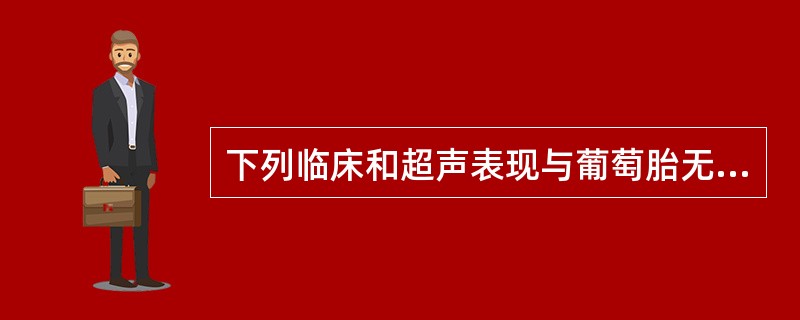 下列临床和超声表现与葡萄胎无关的是A、妊娠期剧吐B、血清β£­HCG升高C、阴道