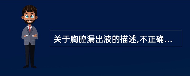 关于胸腔漏出液的描述,不正确的是A、外观无色透明或淡黄色B、比重小于1.018C