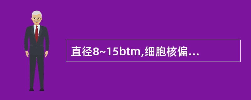 直径8~15btm,细胞核偏位,核染色质常排列成车轮状,细胞质丰富、染蓝色或红蓝