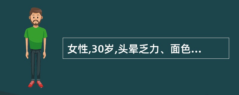 女性,30岁,头晕乏力、面色苍白1年余。实验室检查:RBC2.0×1012£¯L