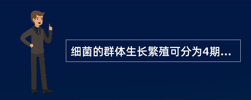 细菌的群体生长繁殖可分为4期,依次为A、对数期、迟缓期、生长期和衰退期B、稳定期