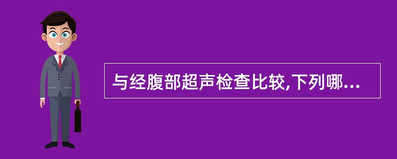 与经腹部超声检查比较,下列哪项不是经阴道超声检查的优点A、不需充盈膀胱B、避免肠