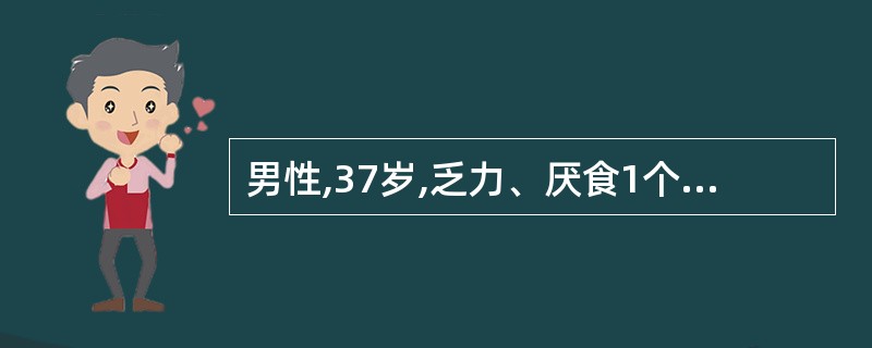 男性,37岁,乏力、厌食1个月。患者近1个月无诱因感乏力、厌食,有时伴恶心、腹胀