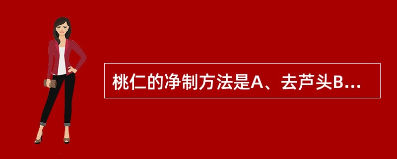 桃仁的净制方法是A、去芦头B、去心C、去皮D、去核E、去瓤