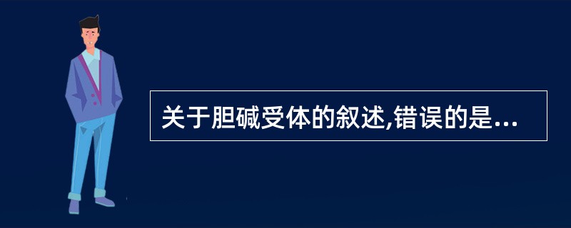 关于胆碱受体的叙述,错误的是A、能与乙酰胆碱结合B、分为M型和N型胆碱受体C、M