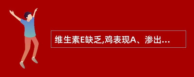 维生素E缺乏,鸡表现A、渗出综合征B、劈叉姿势C、腰痉挛D、趾爪蜷曲症E、观星症