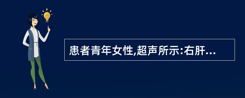 患者青年女性,超声所示:右肝后叶见一范围约28mm×24mm的低回声肿块,边界尚