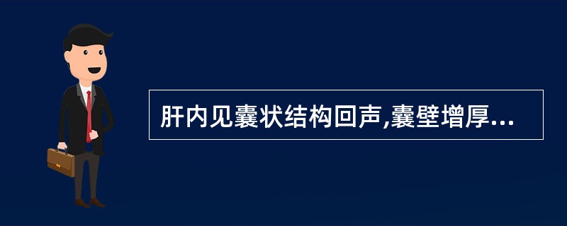 肝内见囊状结构回声,囊壁增厚约0.6cm,呈单囊或分隔成多囊,诊断考虑为