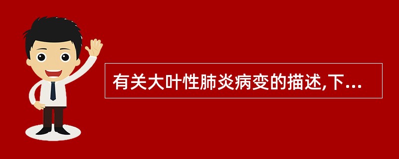 有关大叶性肺炎病变的描述,下面不正确的是A、主要病变为肺泡腔内的纤维素性炎B、病