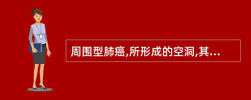 周围型肺癌,所形成的空洞,其X线特征是A、厚壁,其中有大液平,边缘模糊B、厚壁,