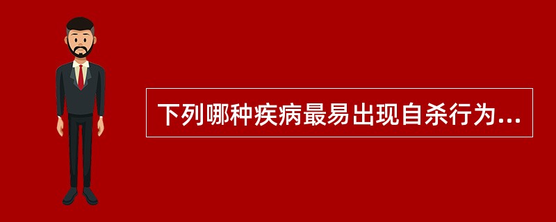 下列哪种疾病最易出现自杀行为A、癔症B、精神分裂症C、抑郁症D、躁狂症E、精神发