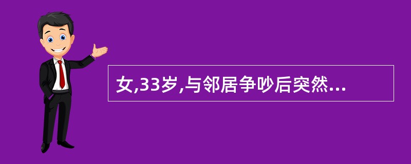 女,33岁,与邻居争吵后突然出现言语紊乱,管公公叫儿子,而将儿子称作爸爸,吃饭时